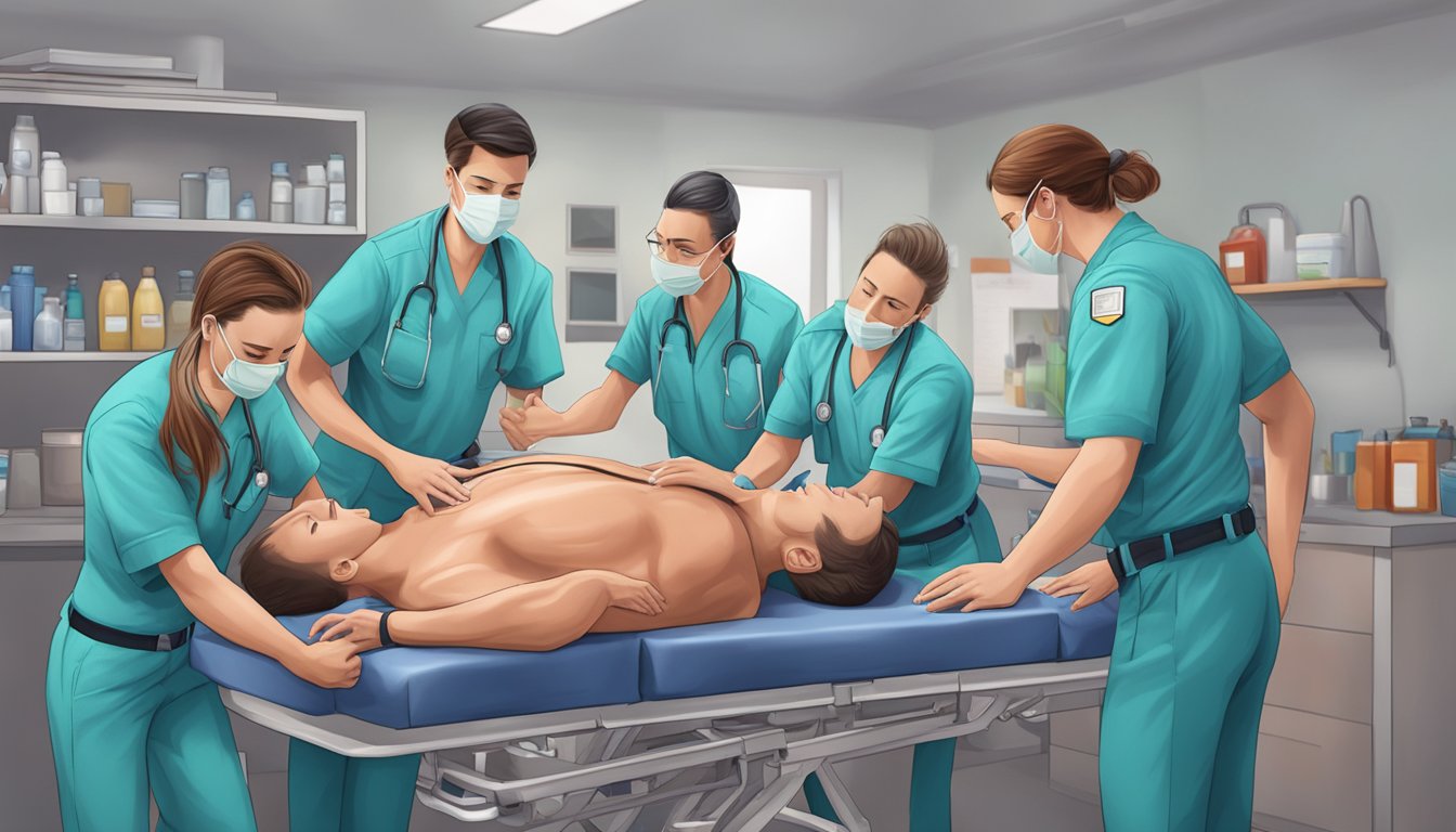 Paramedics rush to treat sharp chest pain, focusing on the heart area