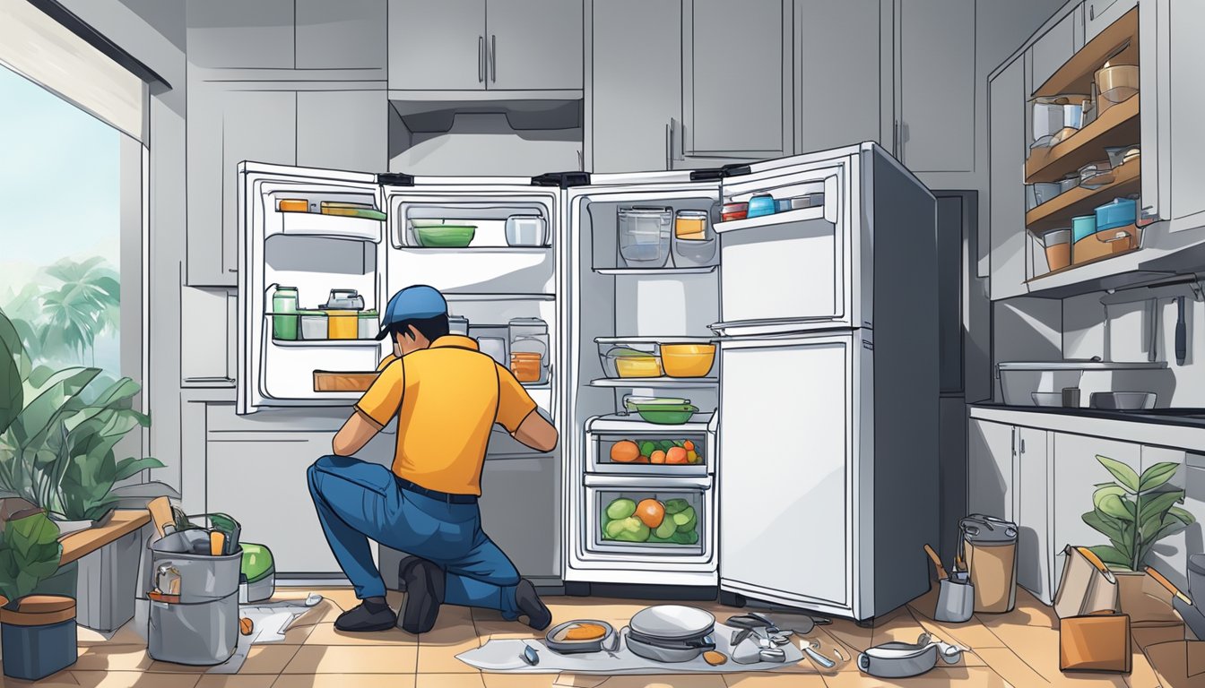A technician fixing a broken fridge in a Singaporean kitchen. Tools and spare parts scattered around
