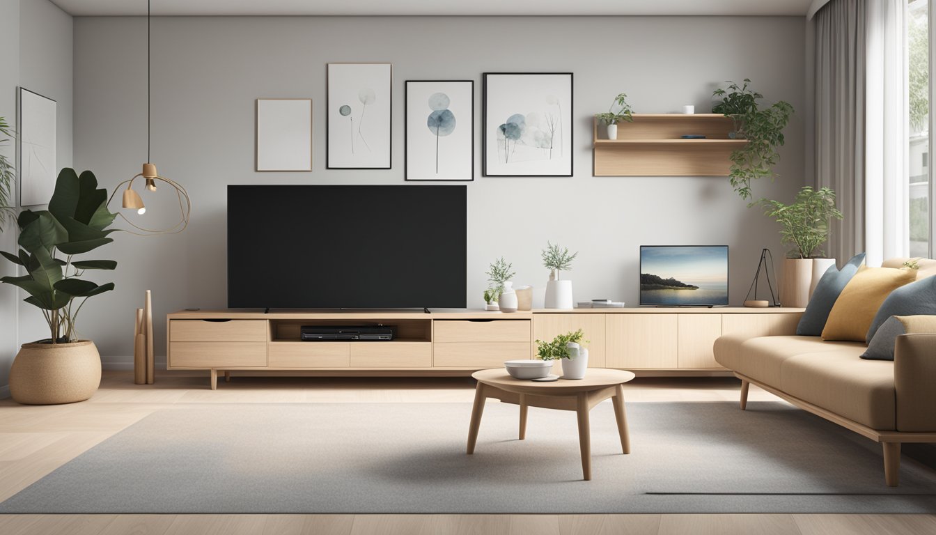 A sleek, minimalist Scandinavian TV console sits in a modern Singaporean living room, surrounded by clean lines and light wood furniture