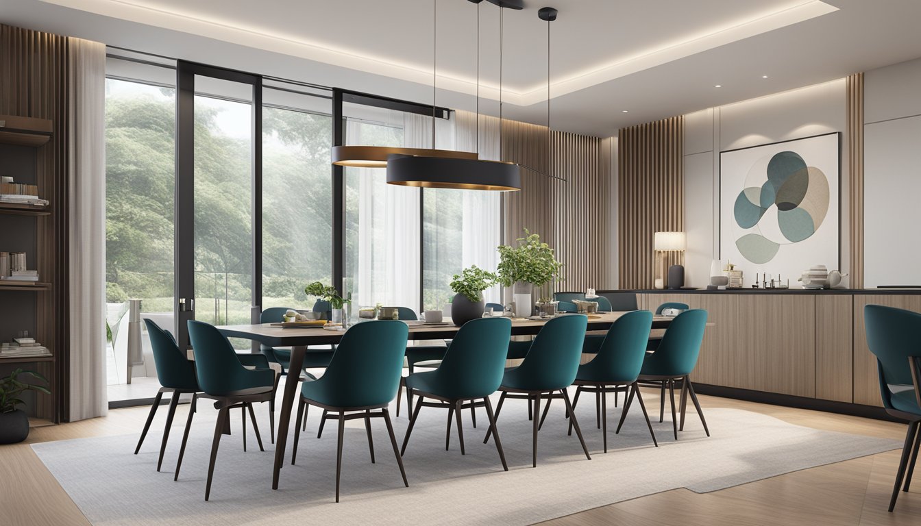 A sleek, modern dining room with designer chairs in Singapore. Clean lines, luxurious materials, and a minimalist aesthetic