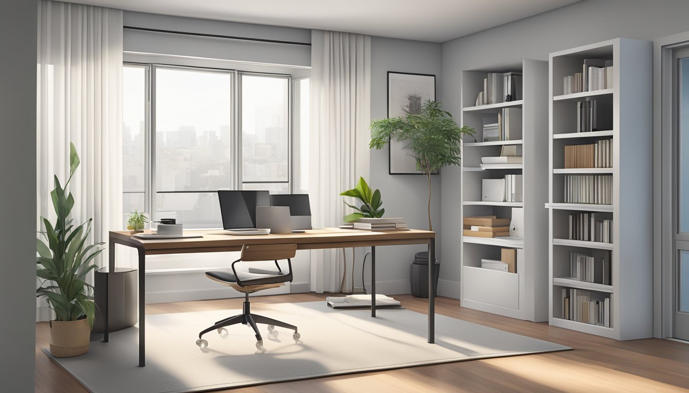 A sleek, modern computer table sits in a well-lit home office. The table features clean lines, a minimalist design, and ample storage space for books and office supplies