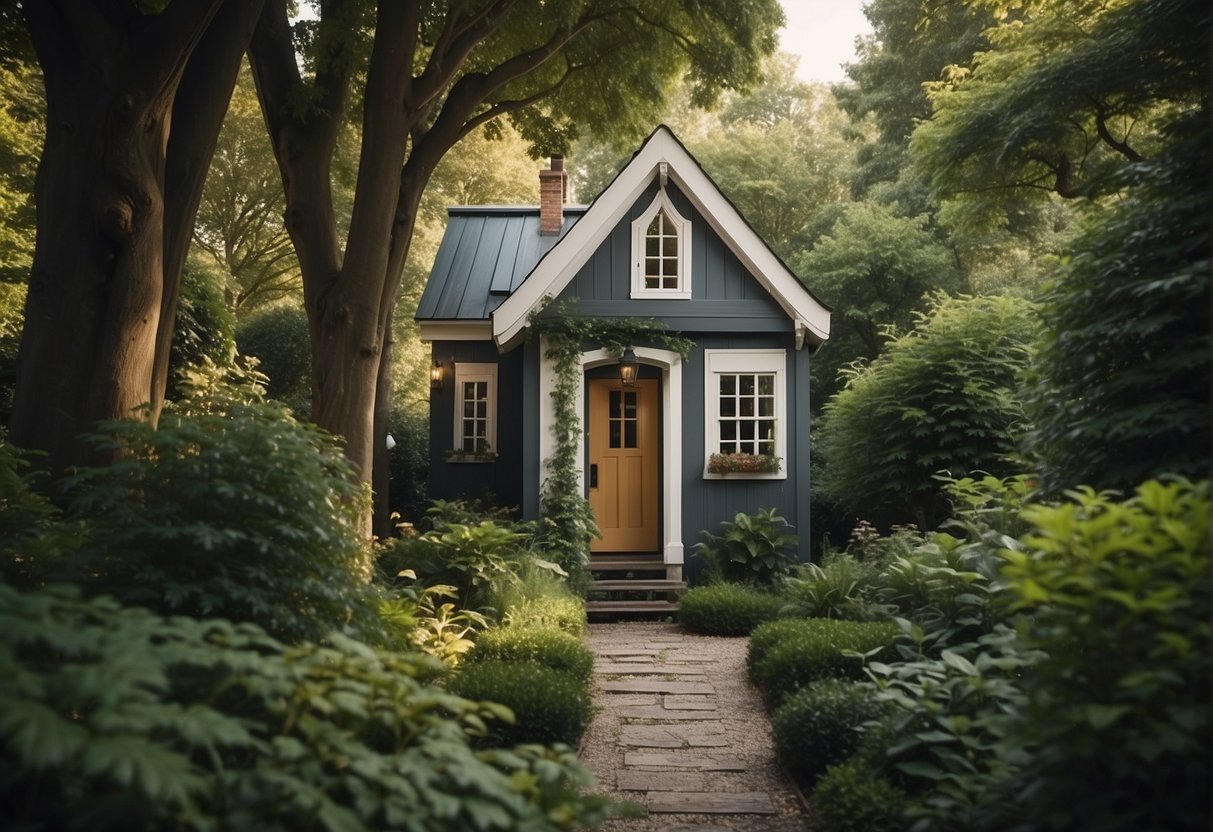 A small, narrow house, only 10 feet wide, nestled among tall trees and surrounded by a lush garden