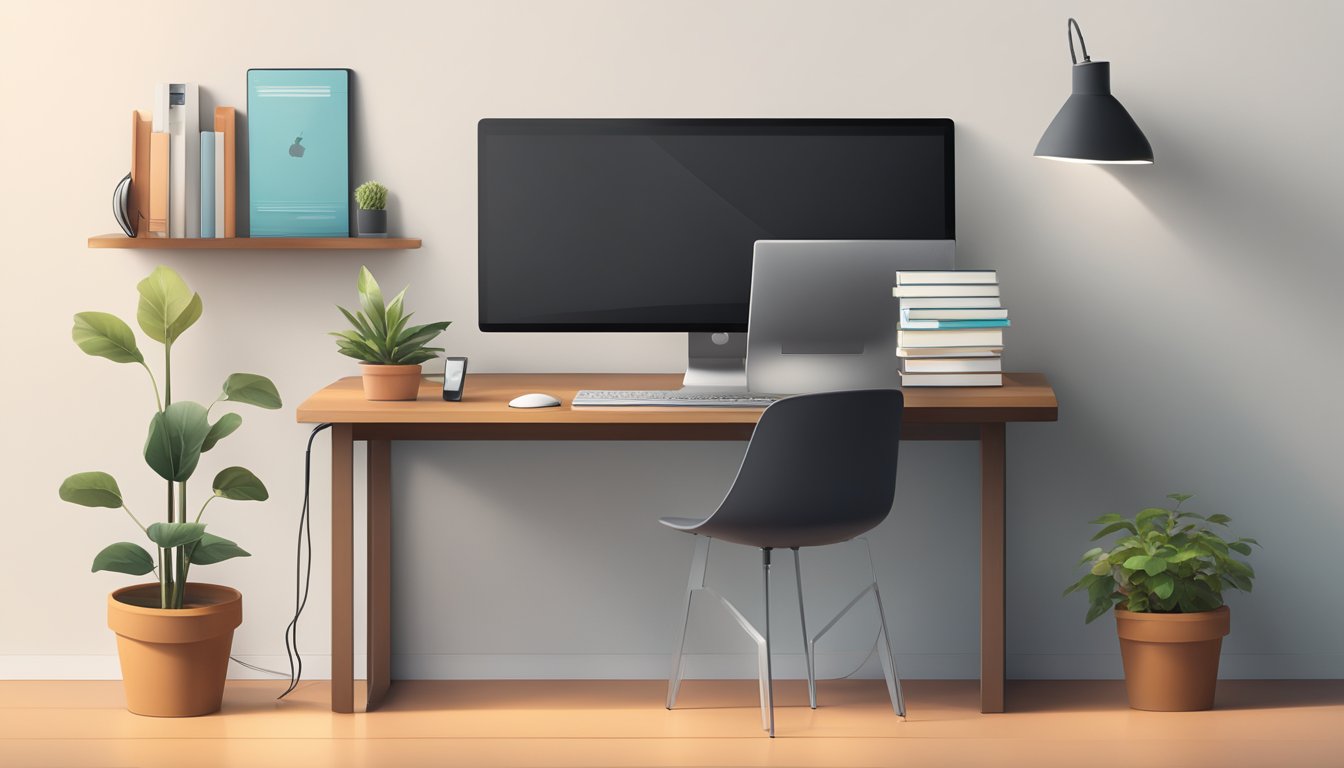 A sleek, modern computer table sits against a wall, with a monitor, keyboard, and mouse neatly arranged on its surface. A desk lamp illuminates the workspace, and a few books and a potted plant add a touch of personalization to the