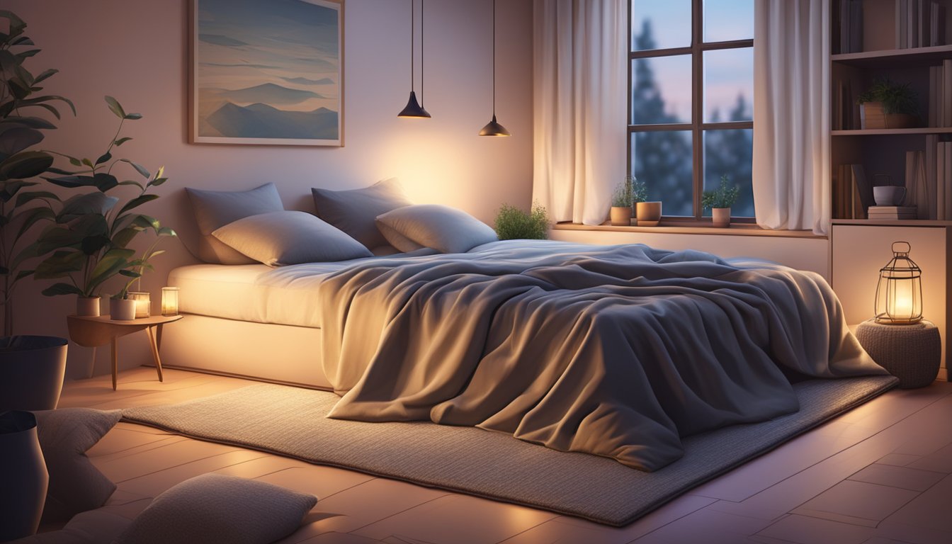 A floor mattress lies in a cozy corner, surrounded by soft pillows and a warm blanket. The room is dimly lit, creating a peaceful and inviting atmosphere