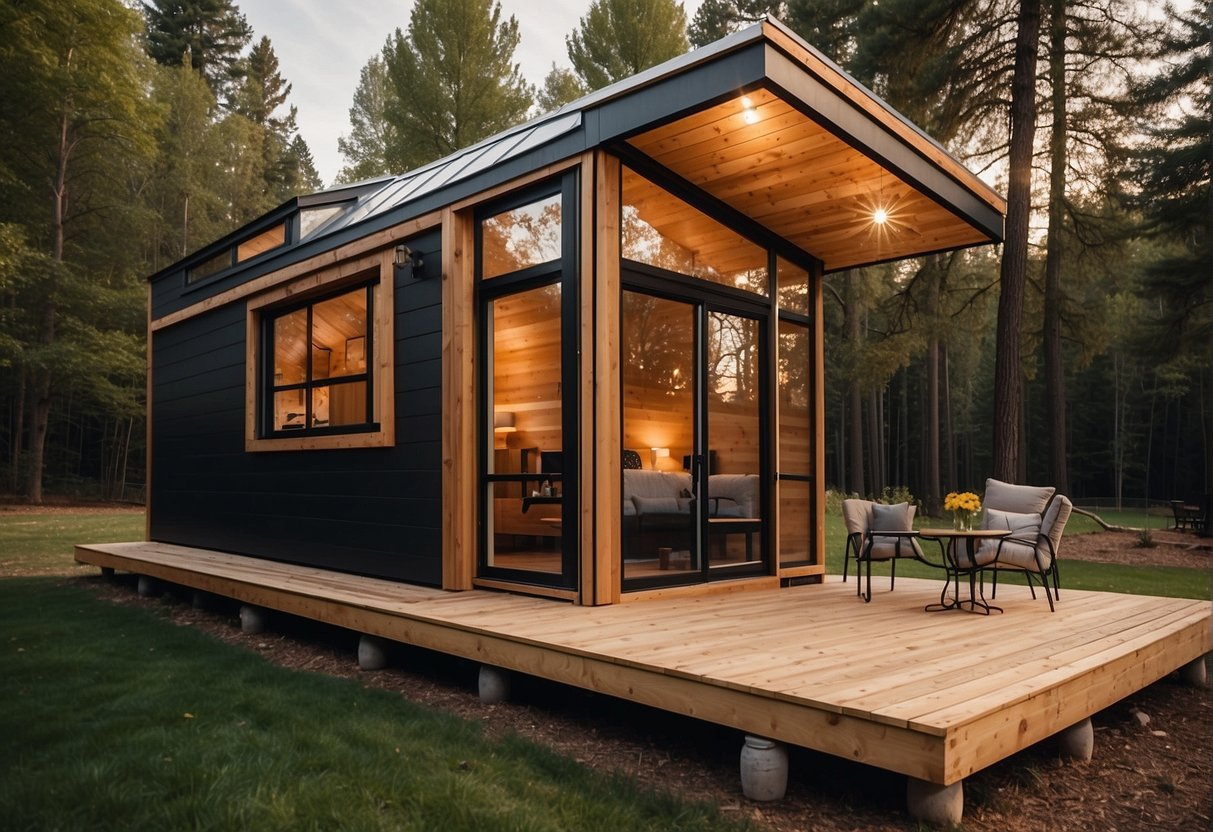 A 10-foot wide tiny house with a sleek, modern design. Large windows, a fold-down porch, and a lofted sleeping area maximize functionality