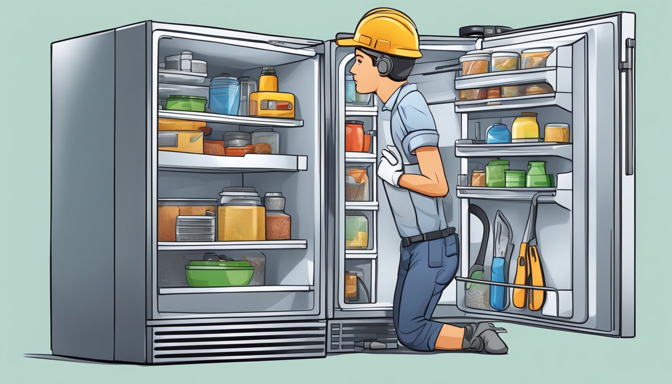 A technician fixing a fridge with tools and equipment