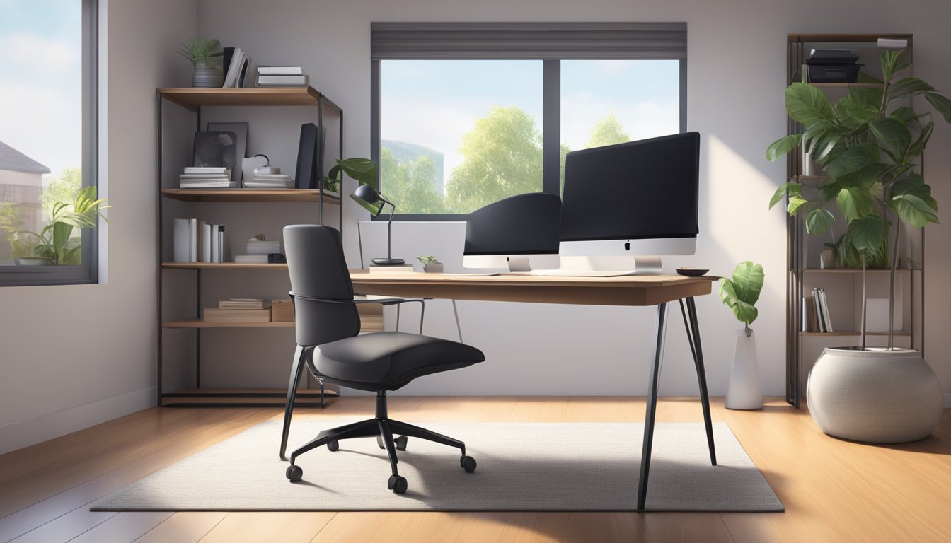 A sleek, modern computer table sits in a well-lit home office. The table features a minimalist design with ample storage space and a built-in cable management system
