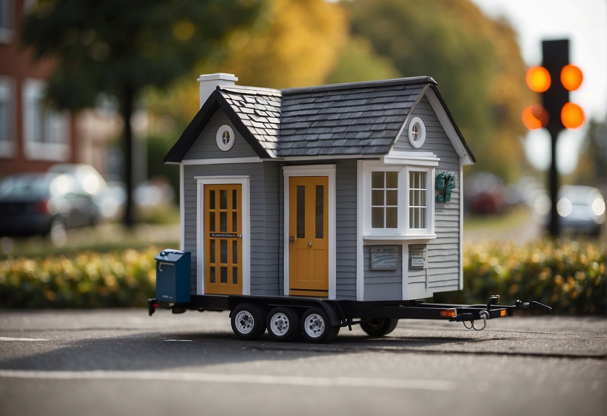 A tiny house sits on a flatbed truck, navigating through a city. A sign on the side reads "Regulations, Transportation, and Costs" as the house measures exactly 10 feet in width