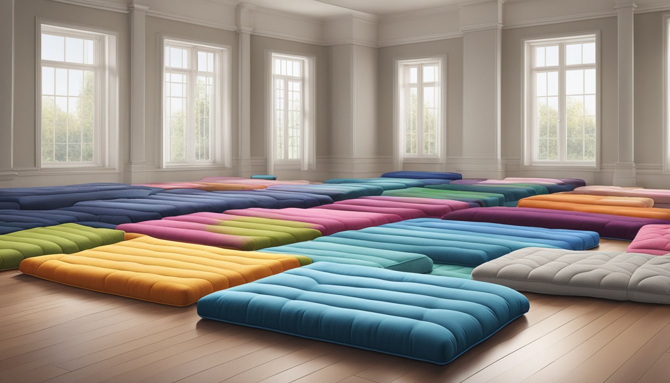 A variety of floor mattresses scattered in a spacious room, showcasing different sizes, colors, and textures