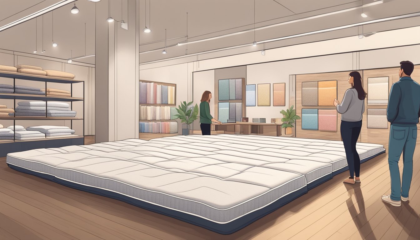A person carefully choosing a floor mattress from a variety of options in a cozy, well-lit showroom