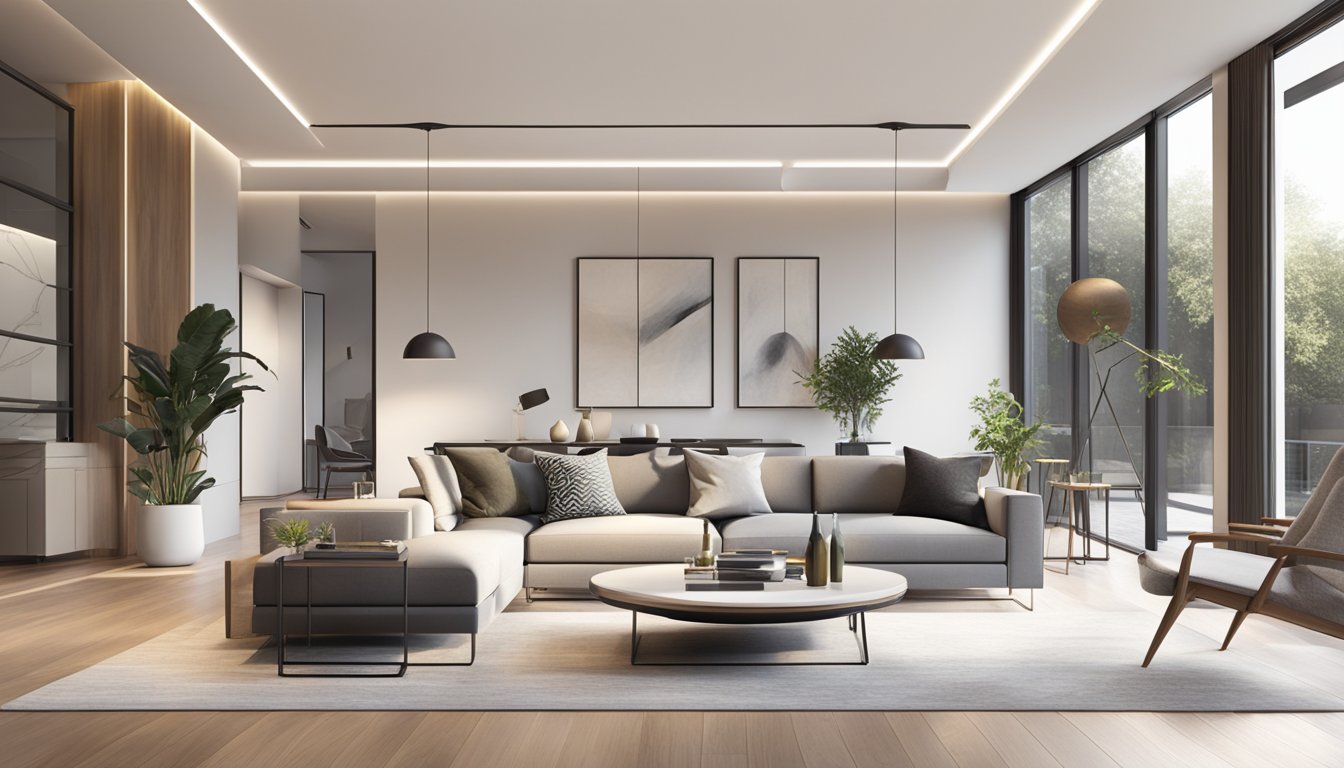 A spacious and modern interior with sleek furniture, vibrant accents, and elegant lighting. Clean lines and a neutral color palette create a sophisticated atmosphere