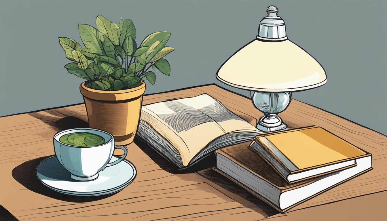 A side table with a lamp, books, and a small plant. A cup and saucer sit on a coaster, and a decorative bowl holds keys and loose change