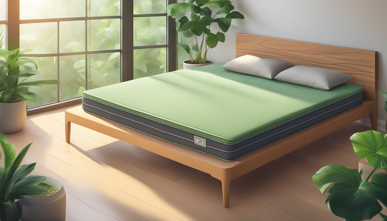 A natural latex mattress lying on a wooden bed frame, surrounded by green plants and a soft, natural light filtering through the window