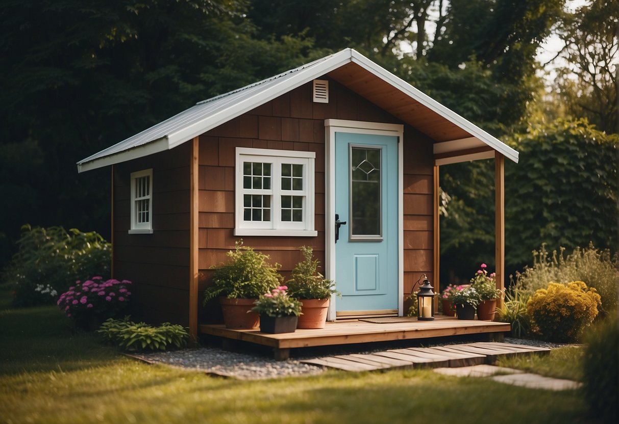 A small shed transformed into a cozy tiny house with windows, a front door, and a small porch