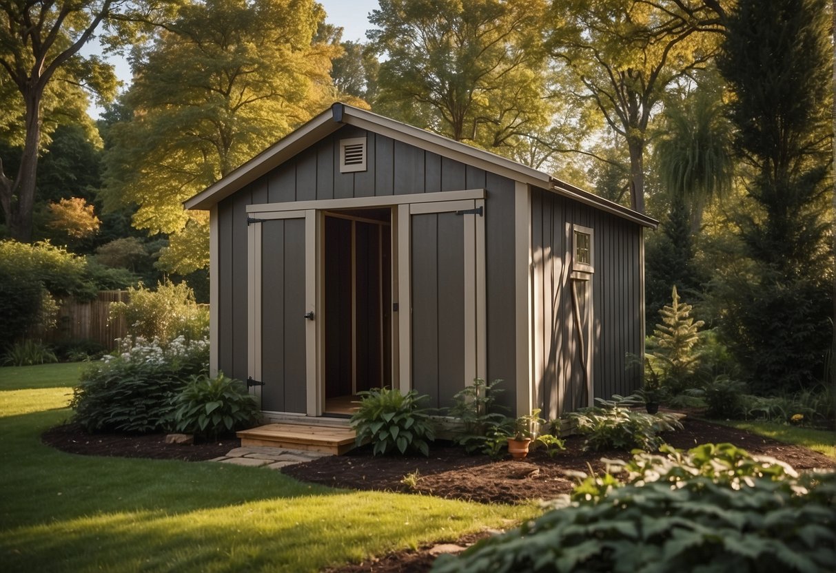 A shed sits on a residential property, surrounded by trees and a fence. The shed is being considered for conversion into a tiny house, with zoning regulations in mind