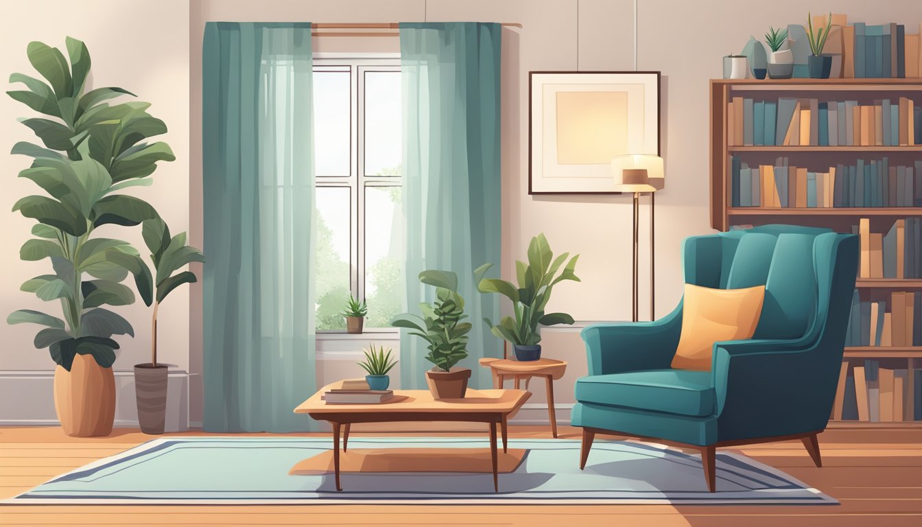 A cozy living room with a stylish side table next to a comfortable armchair, adorned with a decorative lamp, a stack of books, and a small potted plant
