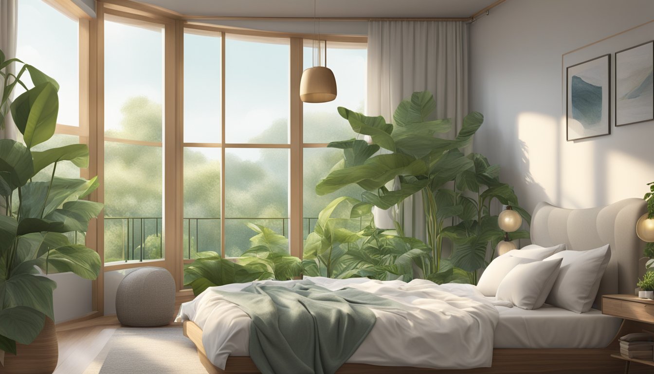 A serene bedroom with a natural latex mattress, surrounded by lush green plants and bathed in soft, natural light