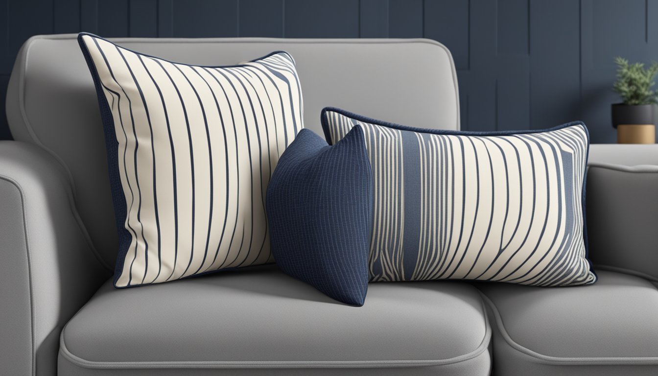 Two plump bolster cushions, one in a rich navy blue and the other in a soft cream, resting on a cozy gray sofa