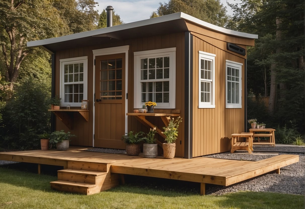 A shed with a loft bed, kitchenette, and cozy living area. Windows let in natural light, and a small porch offers outdoor space