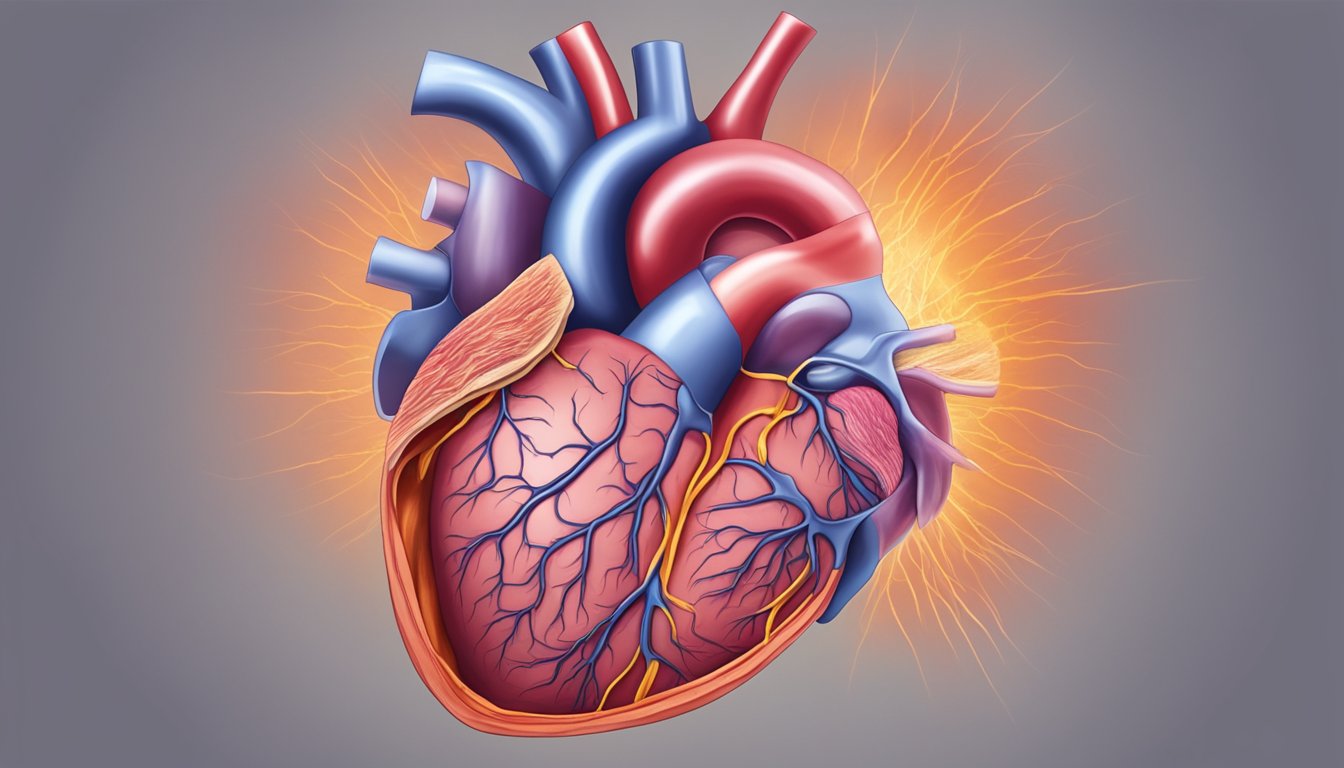 A damaged heart surrounded by inflamed tissue, with visible scarring and weakened muscle fibers, indicating post-myocardial infarction damage