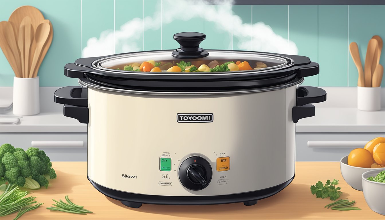 A Toyomi slow cooker sits on a kitchen countertop, steam rising from the lid as a savory aroma fills the air