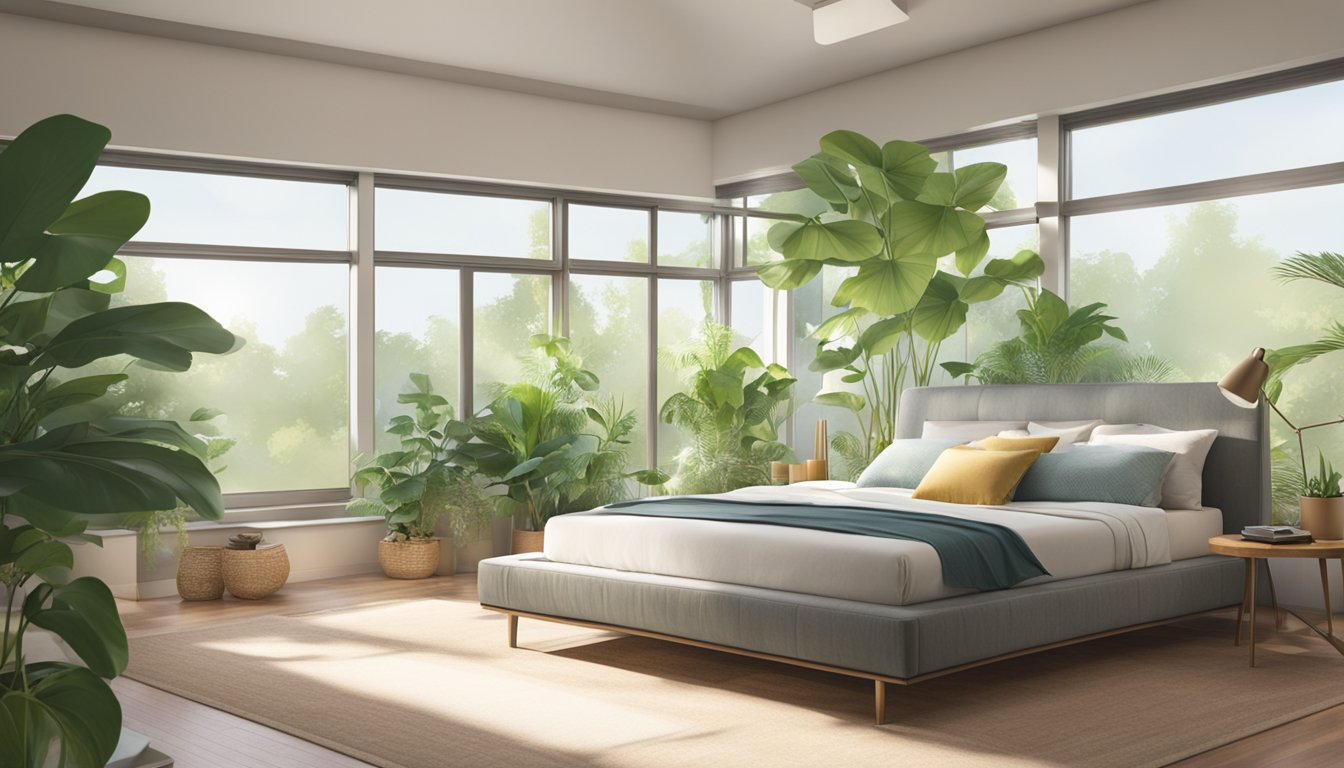 A serene bedroom with a natural latex mattress as the focal point, surrounded by plants and natural light streaming in through the window