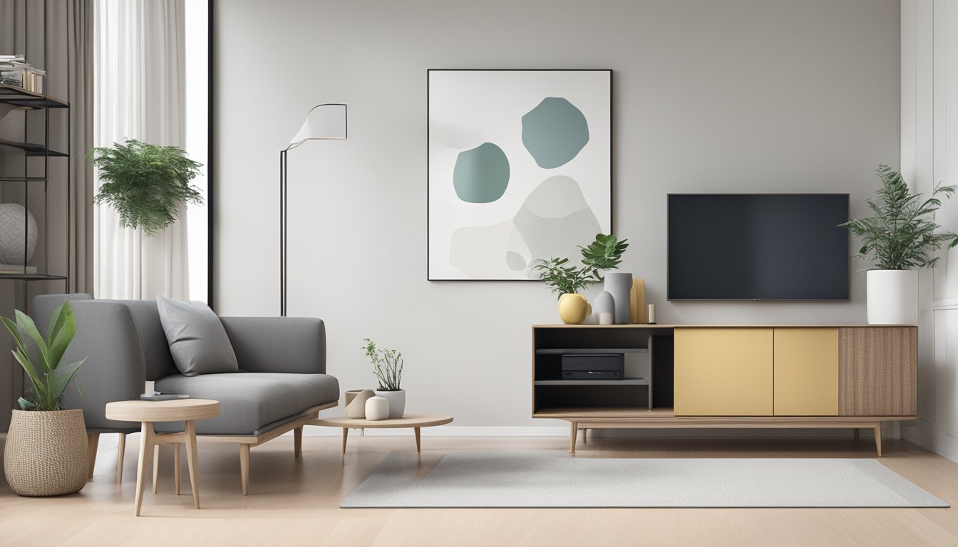 A sleek, minimalist Scandinavian TV console sits against a backdrop of clean, modern decor in a Singaporean living space