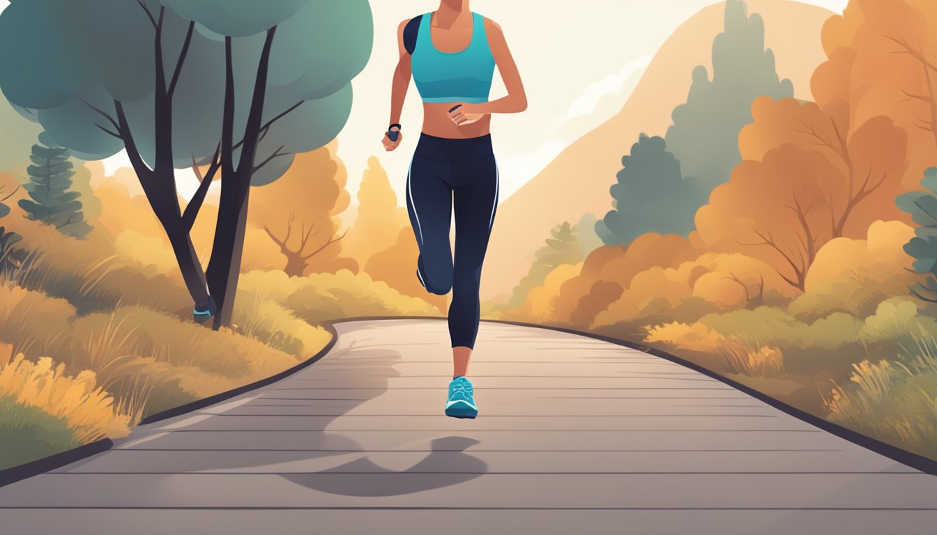 A person jogging on a trail, wearing a fitness tracker, with a heart rate monitor displaying a steady and healthy heart rate