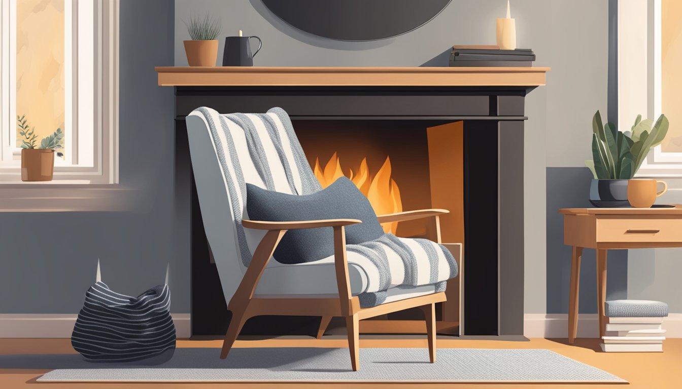 A scandinavian armchair sits by a cozy fireplace, with a warm throw blanket draped over the back and a small side table nearby