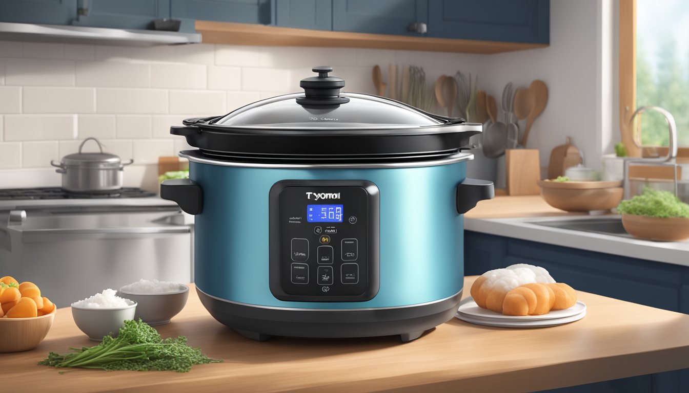 A Toyomi slow cooker sits on a kitchen counter, steam rising from the lid as delicious aromas fill the air