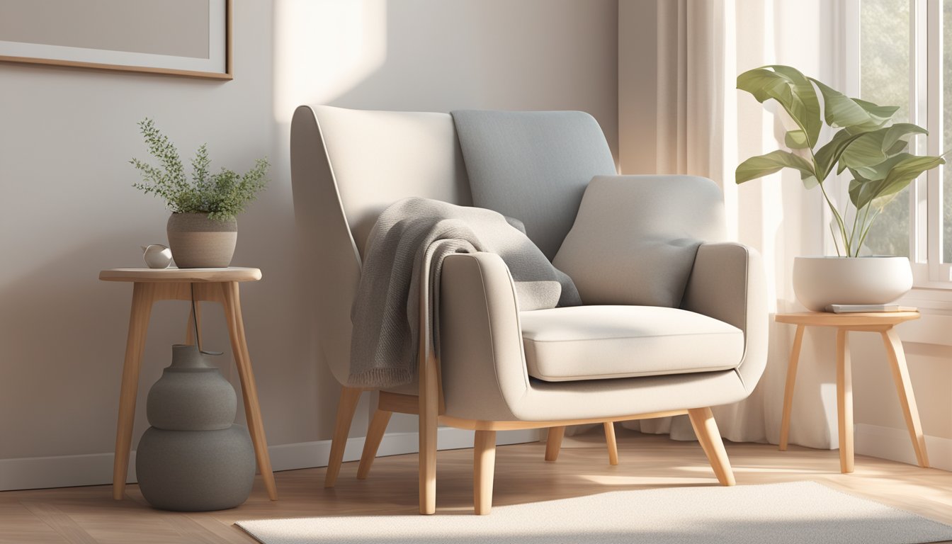 A cozy Scandinavian armchair sits in a sunlit room, surrounded by minimalist decor and soft, neutral colors