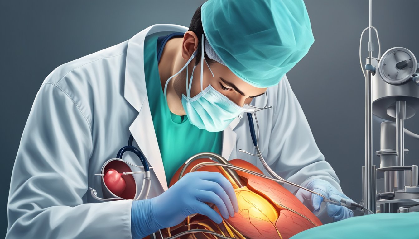 A doctor performing a cardiac procedure on a damaged heart