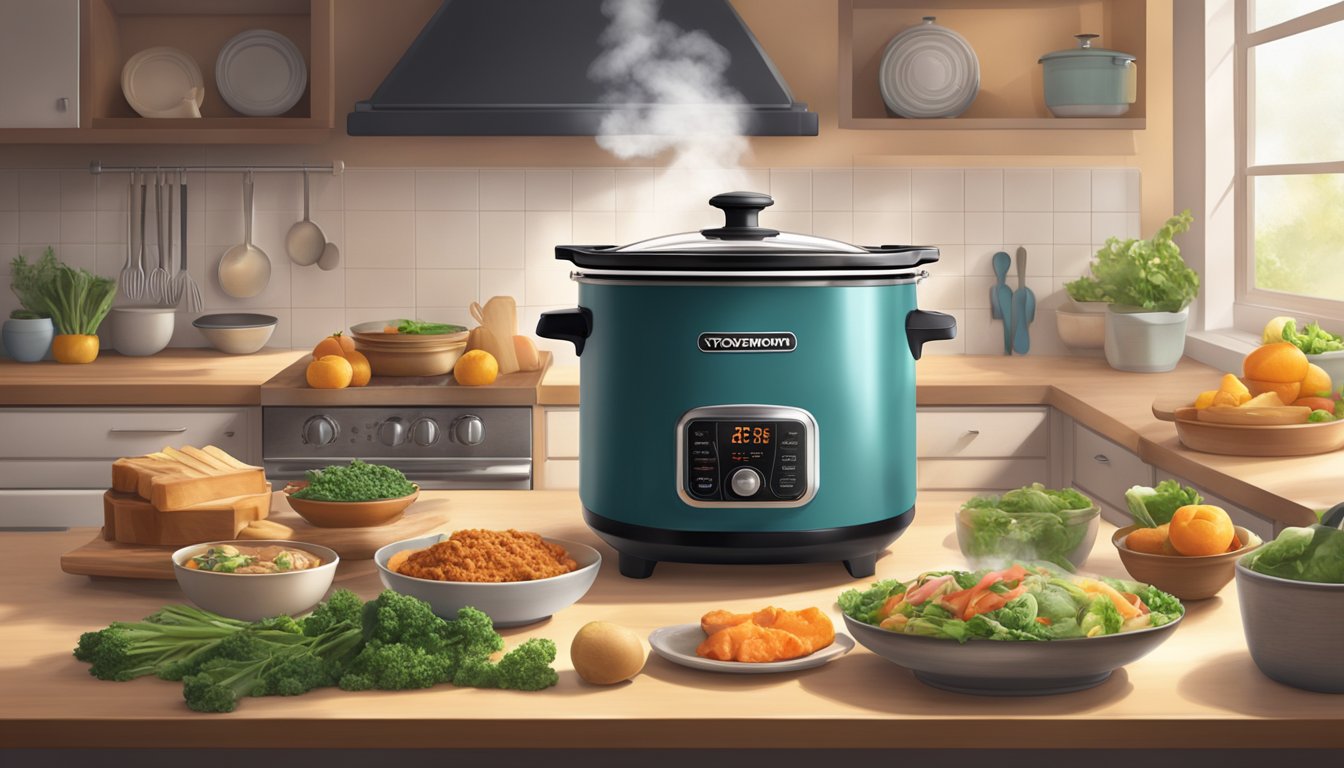 A cozy kitchen with a steaming Toyomi slow cooker on the counter, emitting delicious aromas as a happy customer eagerly anticipates their meal