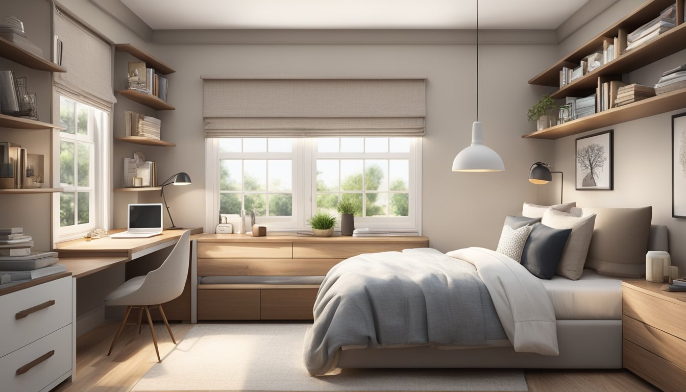 A cozy bedroom with a neutral color palette, space-saving furniture, and plenty of natural light. A built-in storage bed and floating shelves maximize space