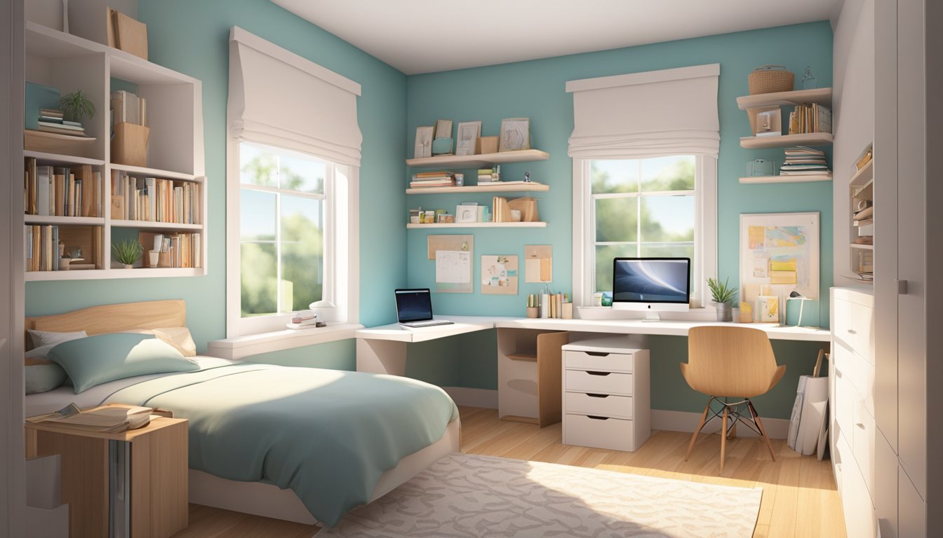 A small bedroom with a raised bed to create storage space underneath. A wall-mounted desk and shelves maximize floor space. A mirror and light colors make the room feel larger