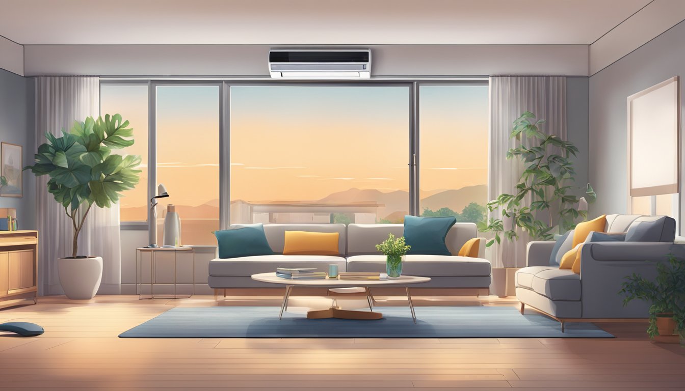 A modern living room with a sleek Panasonic air conditioner mounted on the wall, featuring advanced technology and energy-efficient design