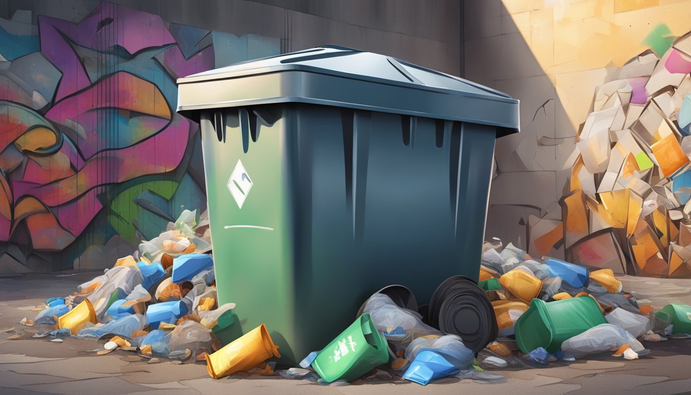 A large, metal dustbin overflowing with trash sits against a graffiti-covered wall