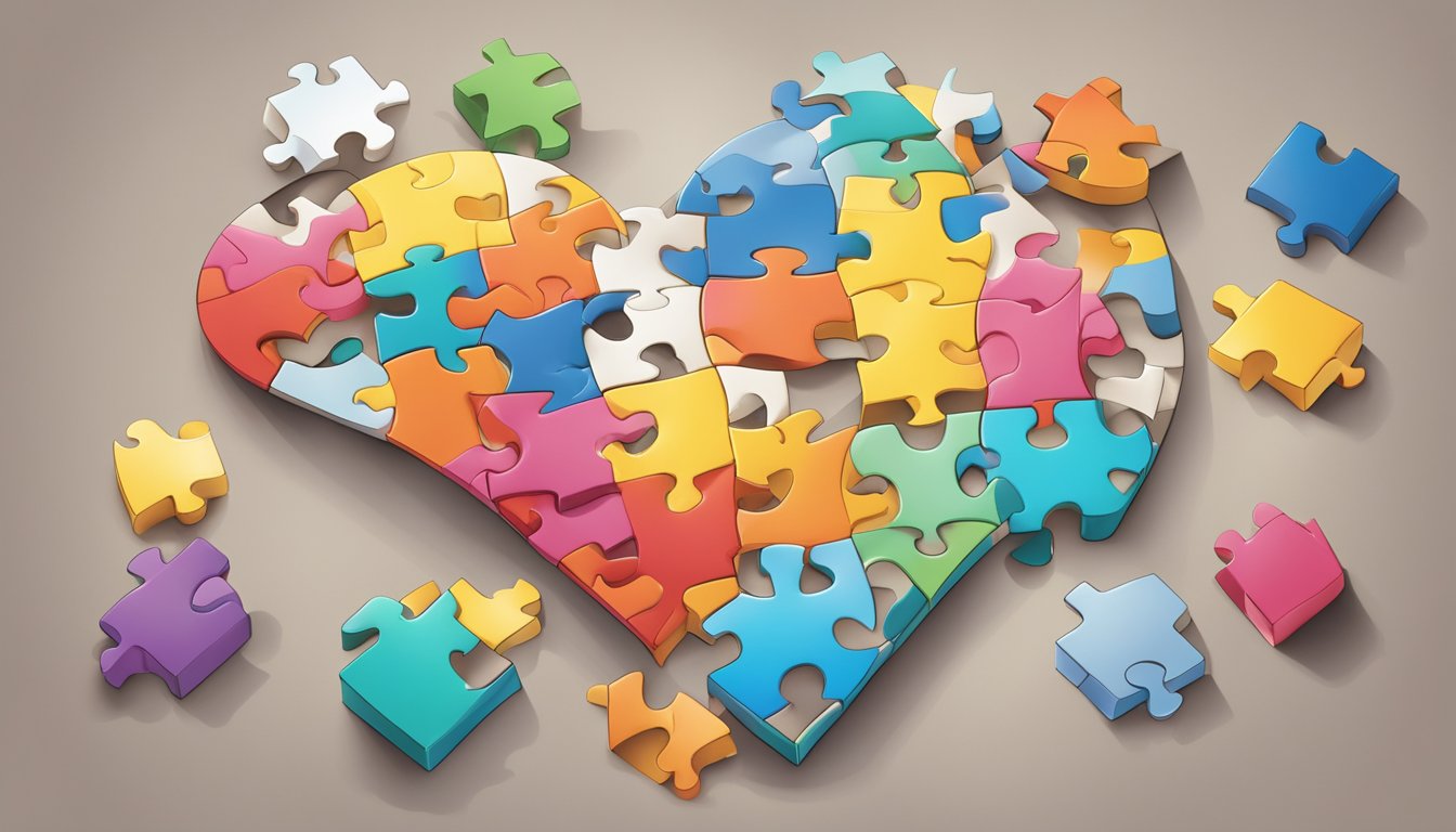 A heart-shaped puzzle being slowly put back together, with pieces representing rehabilitation and recovery after a heart attack