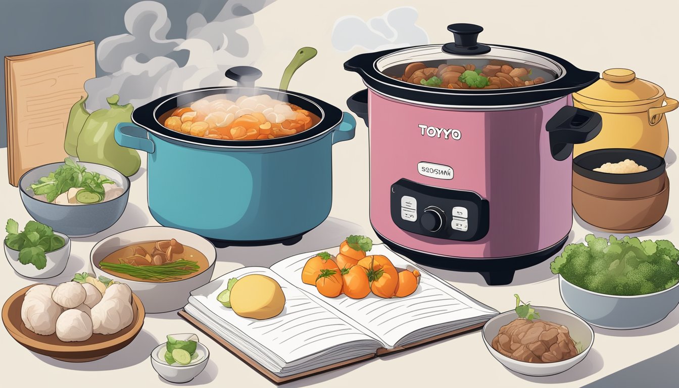 A toyomi slow cooker surrounded by various ingredients and a recipe book, with steam rising from the pot