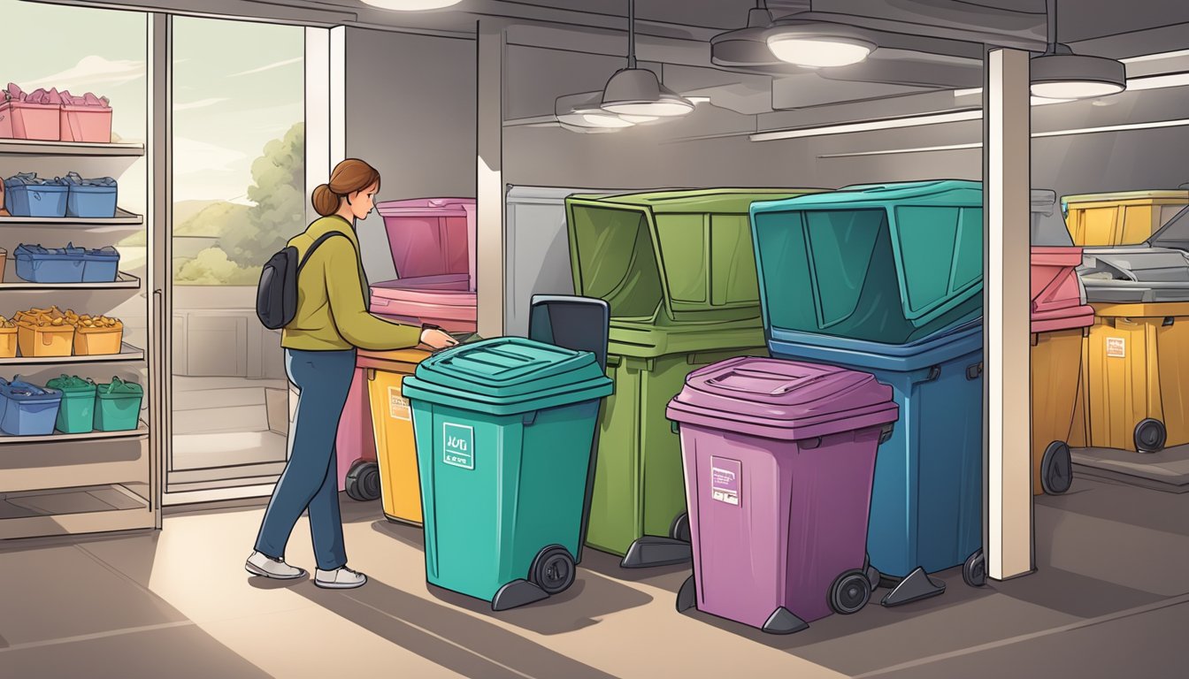 A person carefully selecting a large, sturdy dustbin from a variety of options in a store