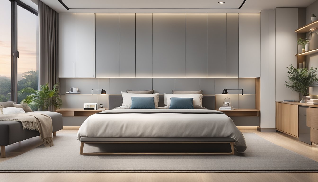A sleek storage bed sits in a modern Singapore bedroom, without a headboard. The clean lines and minimalist design create a sense of space and functionality