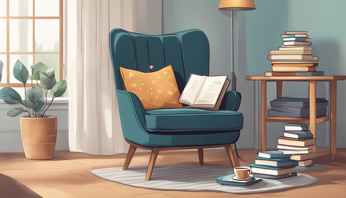 A cozy Scandinavian armchair surrounded by a stack of books, a warm blanket, and a steaming cup of tea on a side table