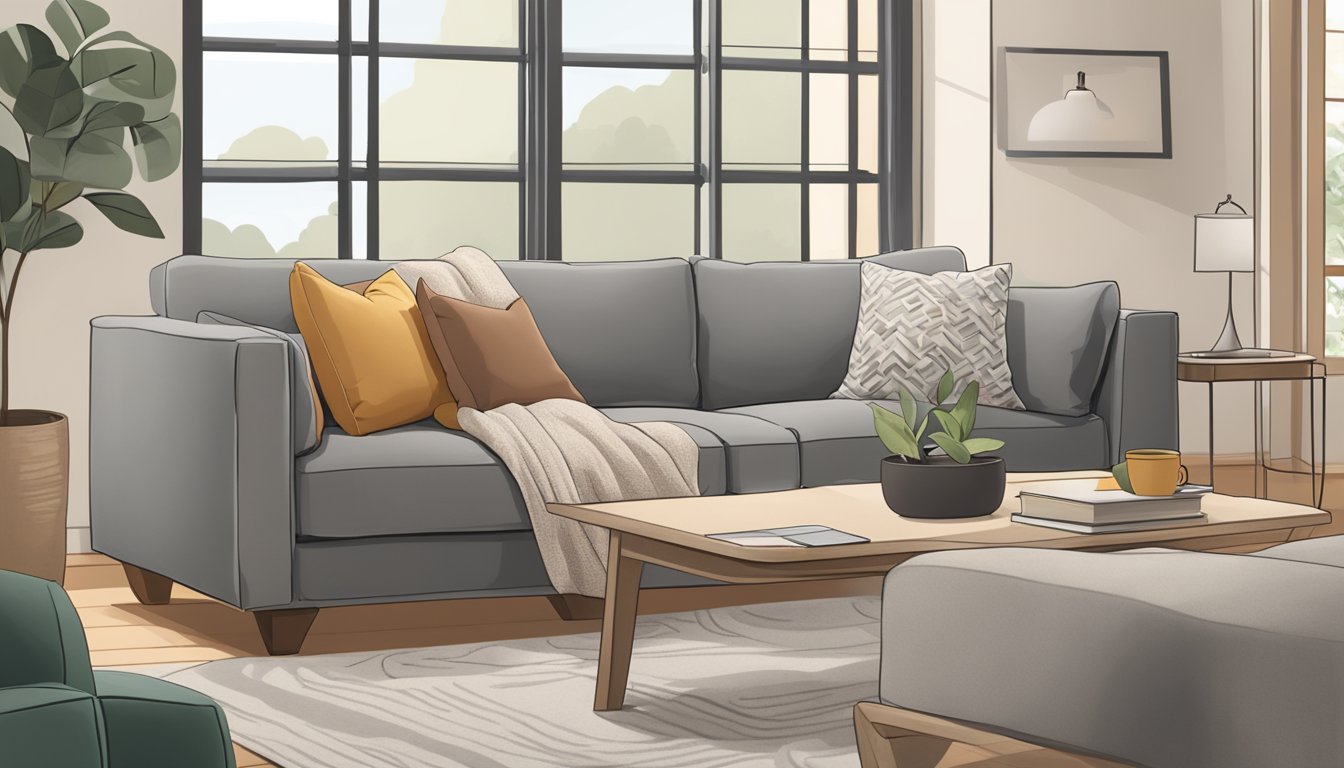 A grey couch sits in a cozy living room, surrounded by soft, neutral-toned pillows and a warm, inviting throw blanket