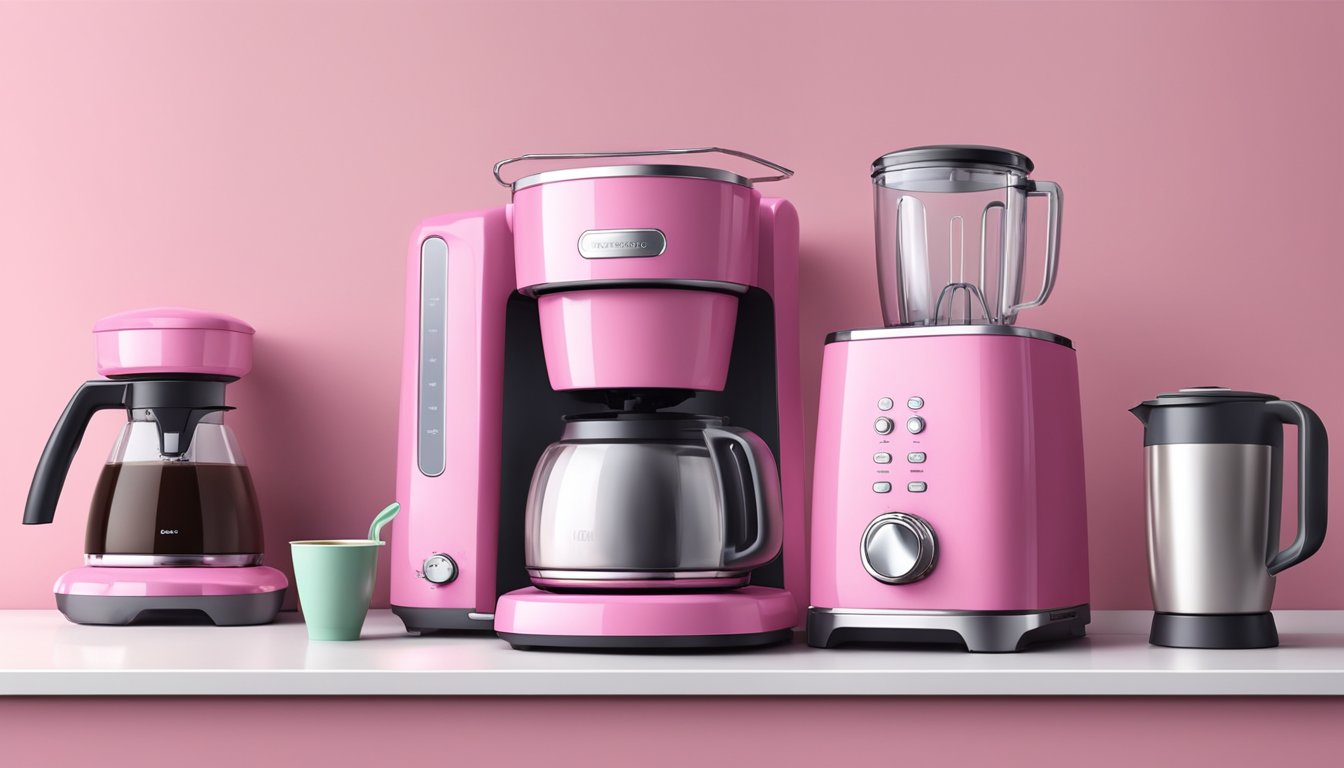 A pink kitchen appliance set sits on a white countertop. The set includes a toaster, blender, and coffee maker