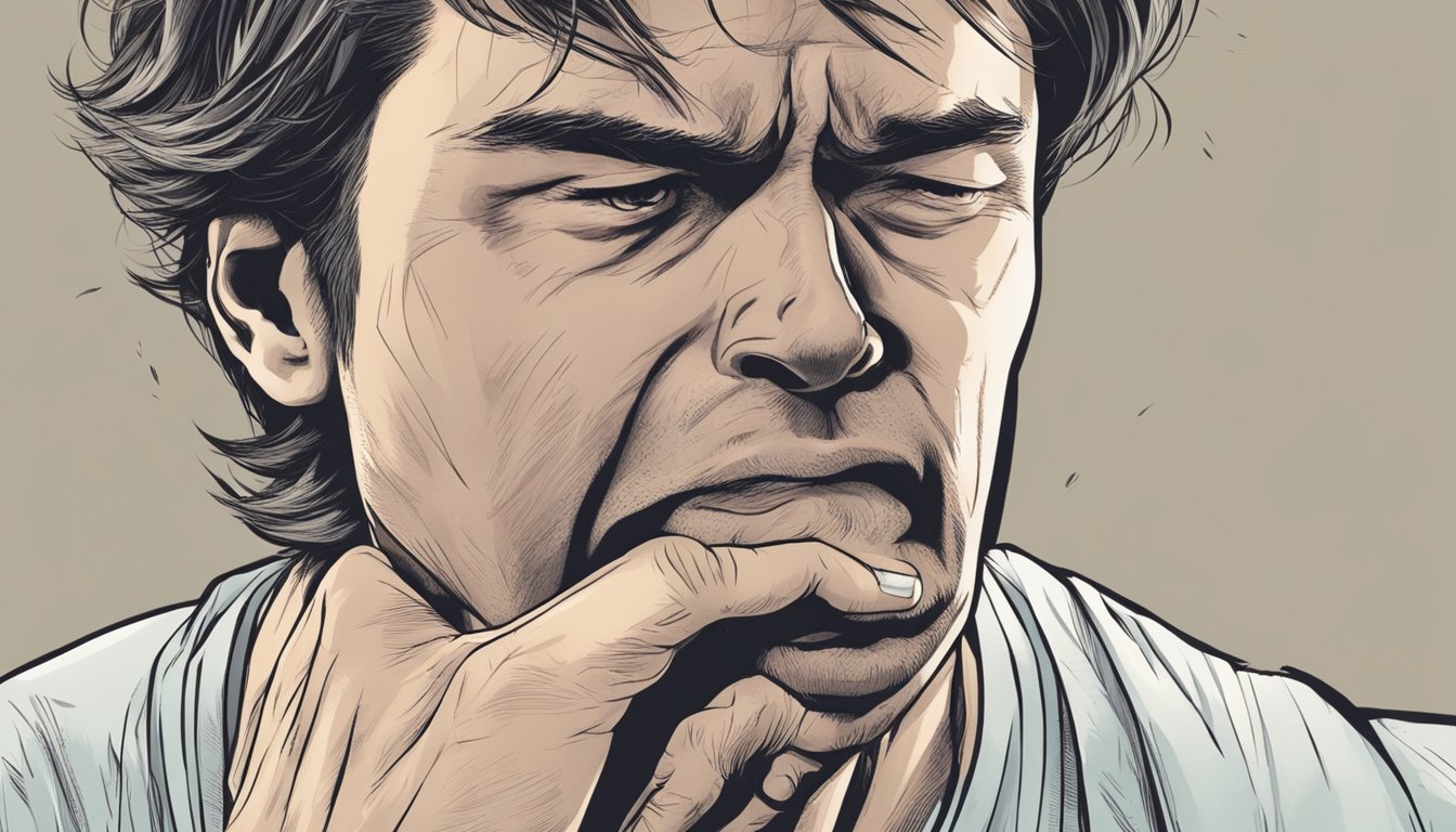 A person clutching their chest in pain, grimacing with sweat on their brow, and a look of distress on their face