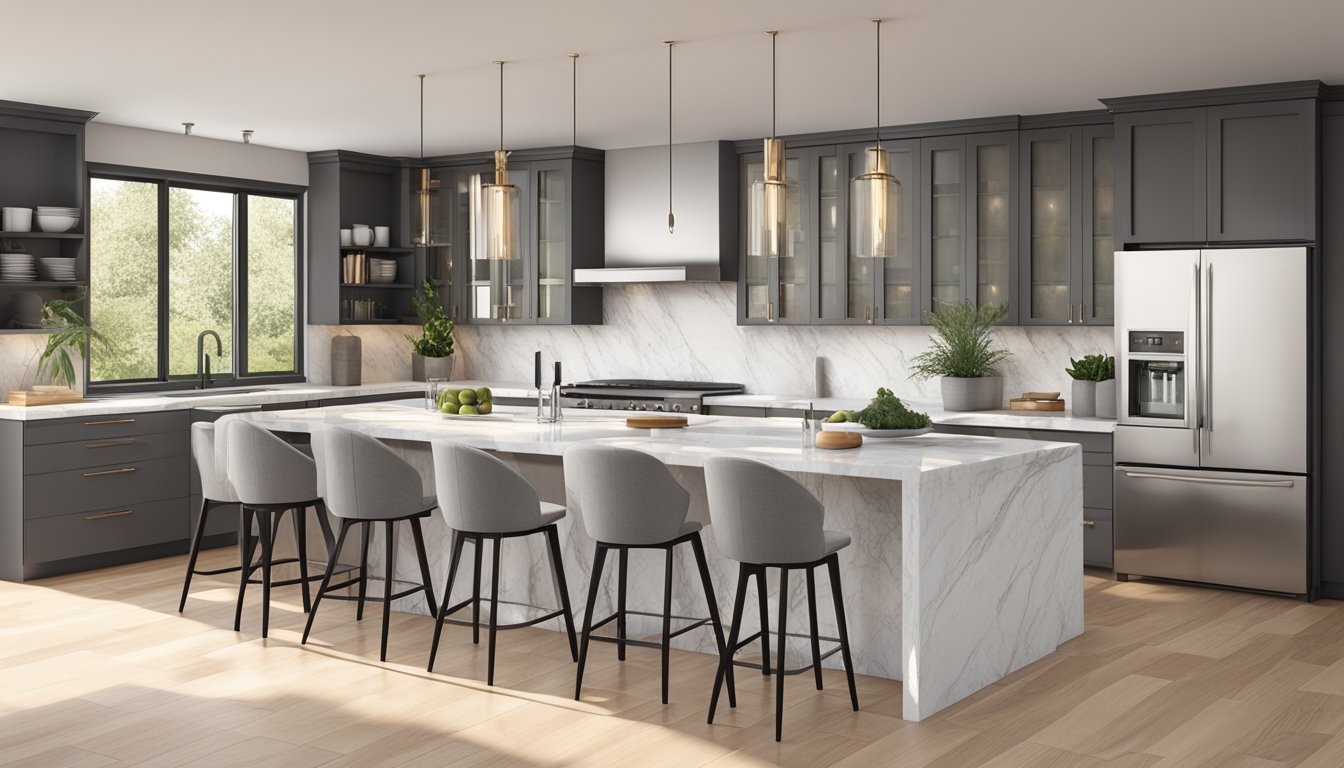 A modern kitchen with sleek stainless steel appliances, marble countertops, and a large island with bar stools. The natural light floods in through the large windows, illuminating the clean, minimalist design