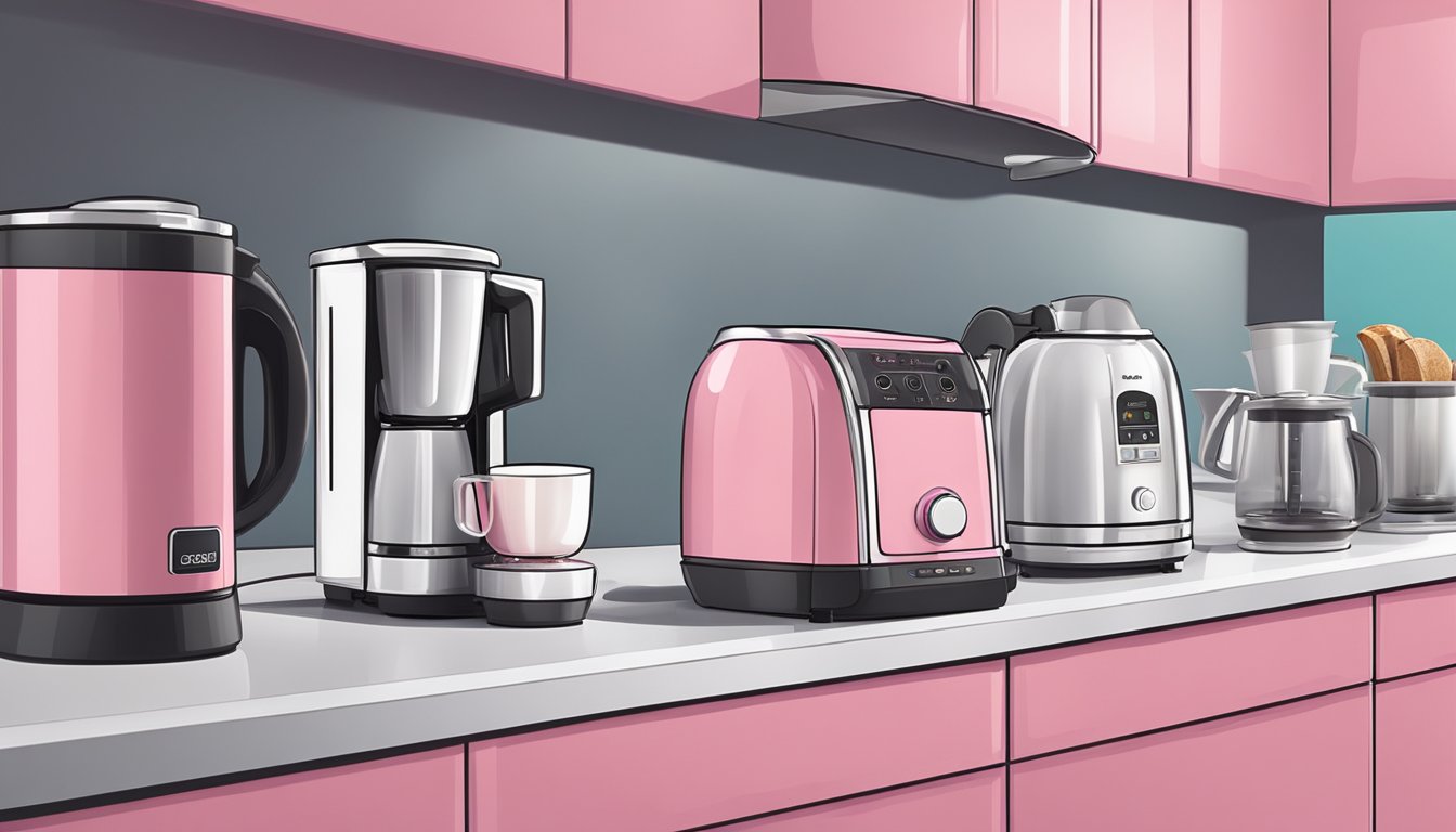 A kitchen countertop with a pink toaster, blender, and coffee maker arranged neatly in a row