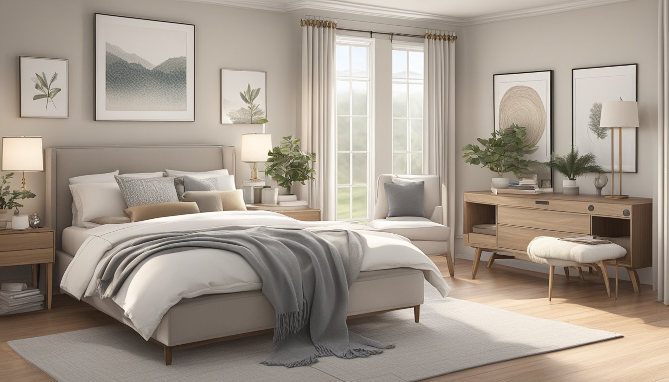 A cozy bedroom with a blend of modern and traditional elements, featuring a neutral color palette, natural materials, and personalized decor