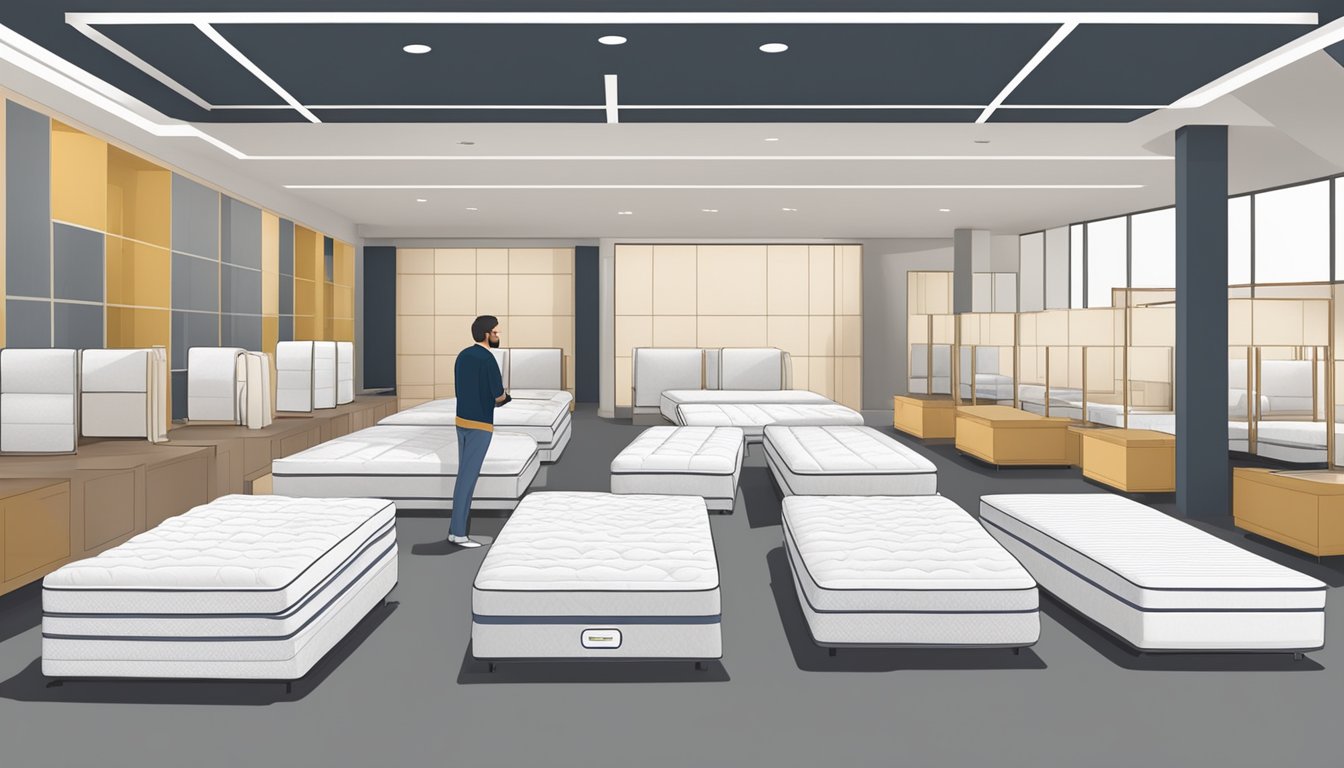 A person comparing dimensions of king and queen size mattresses in a showroom