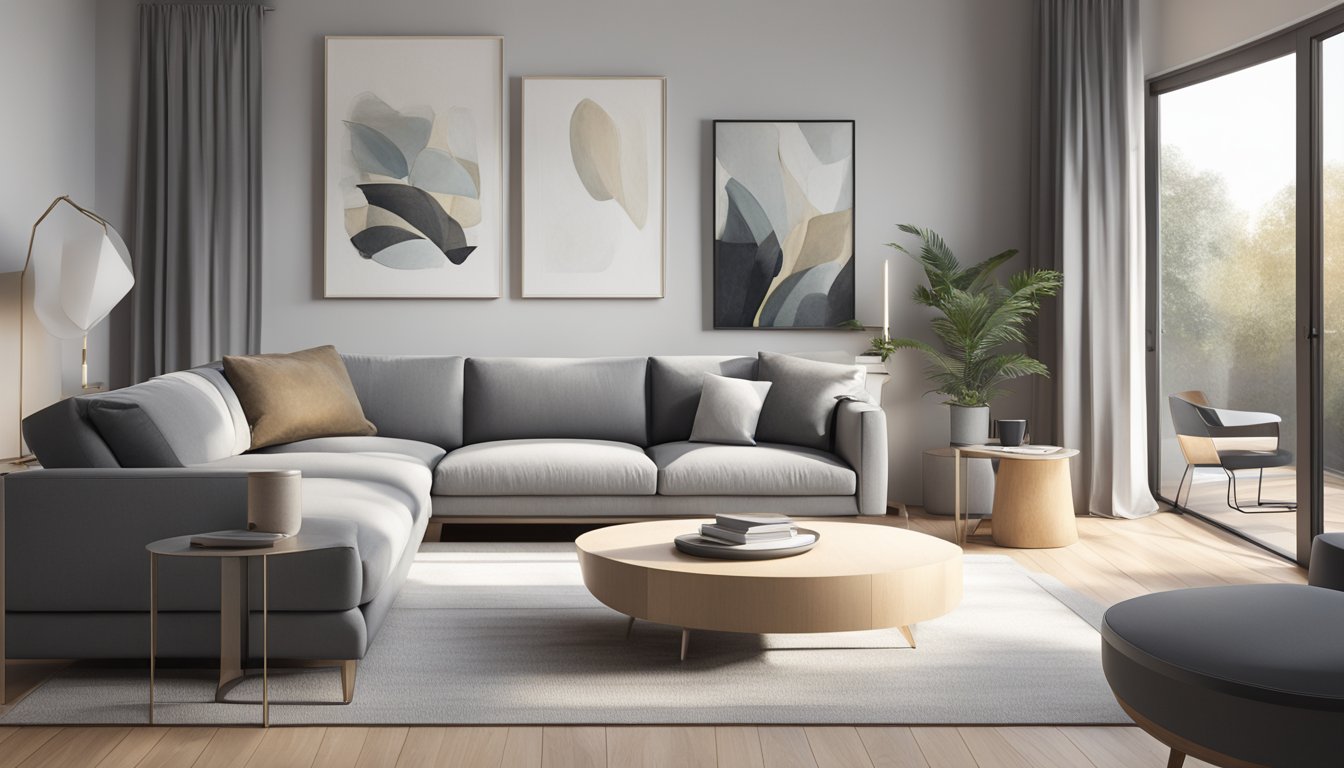 A grey couch sits in a modern living room, surrounded by sleek furniture and minimalist decor. The room is bathed in natural light, creating a cozy and inviting atmosphere